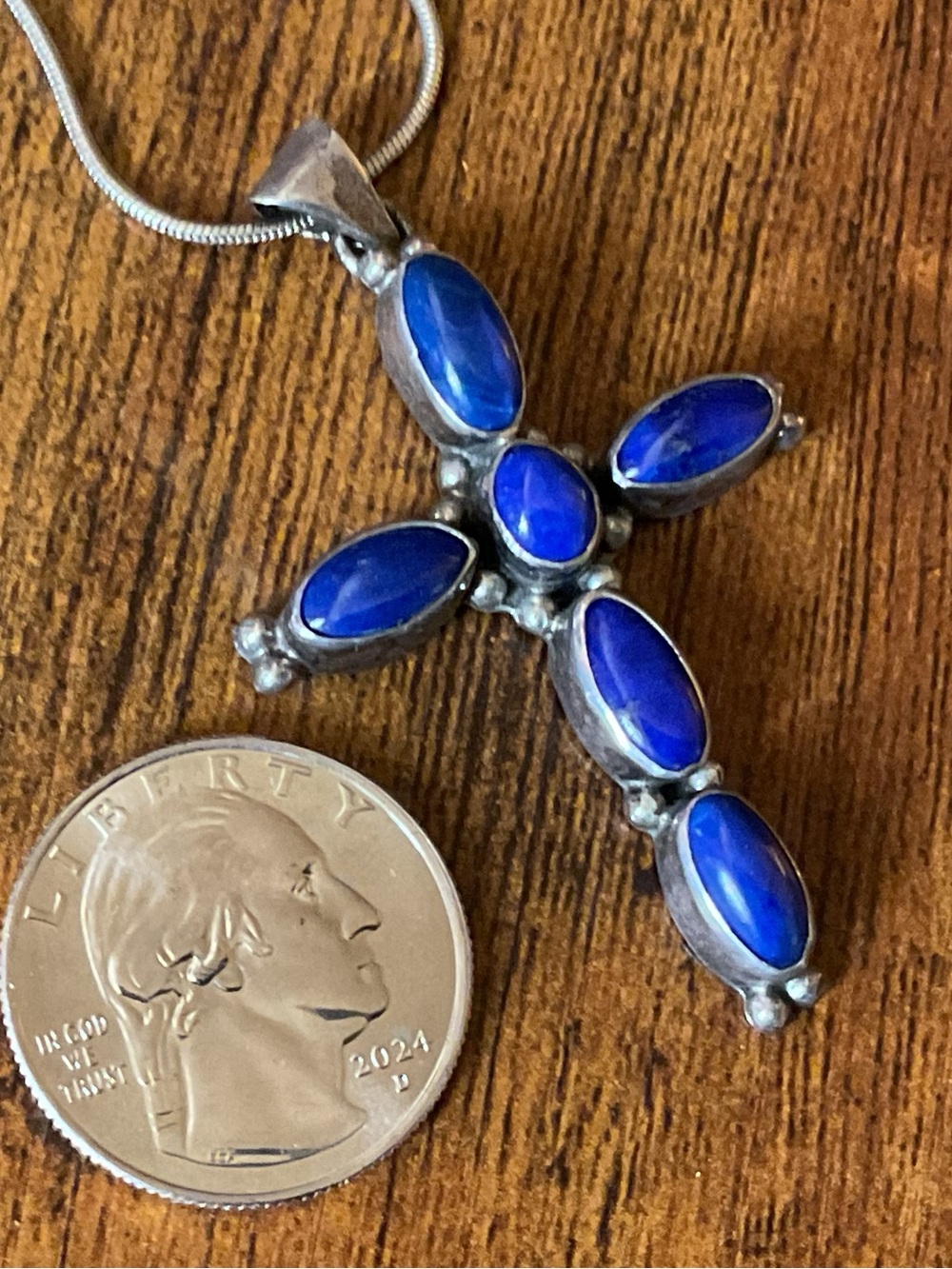 VINTAGE NATIVE LAPIS STERLING SILVER CROSS PENDANT CHAIN NECKLACE SIGNED LB